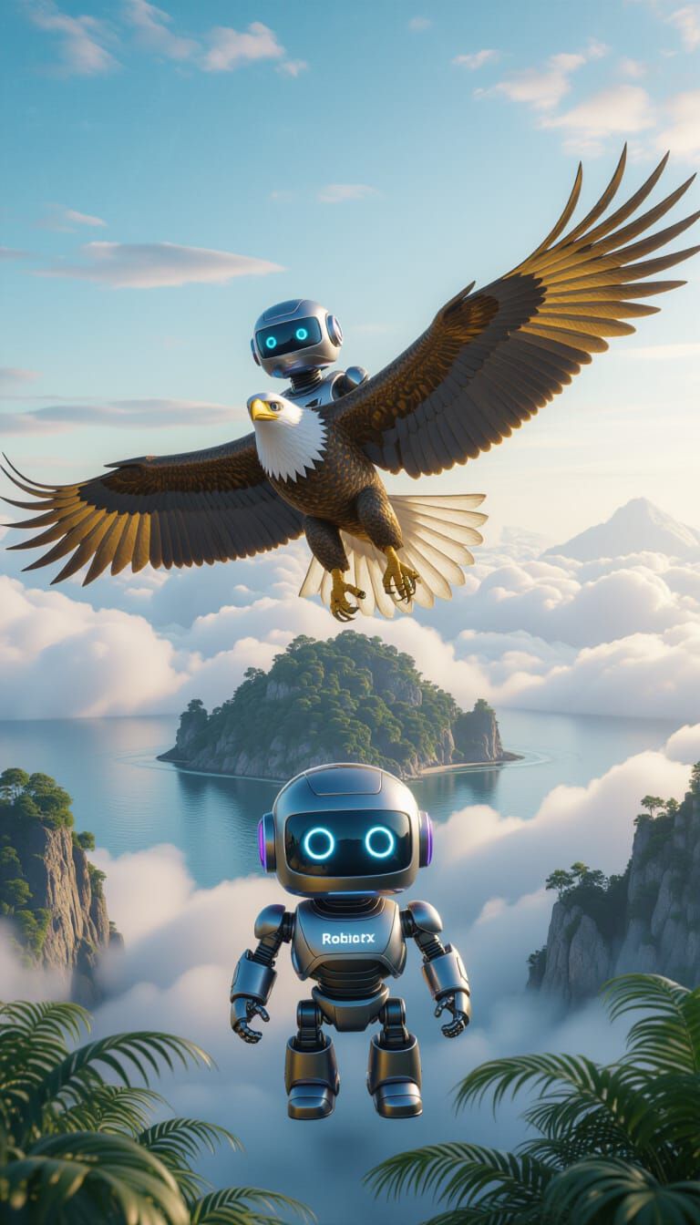 Robot X Rides Golden Eagle Above Jungle Vista
