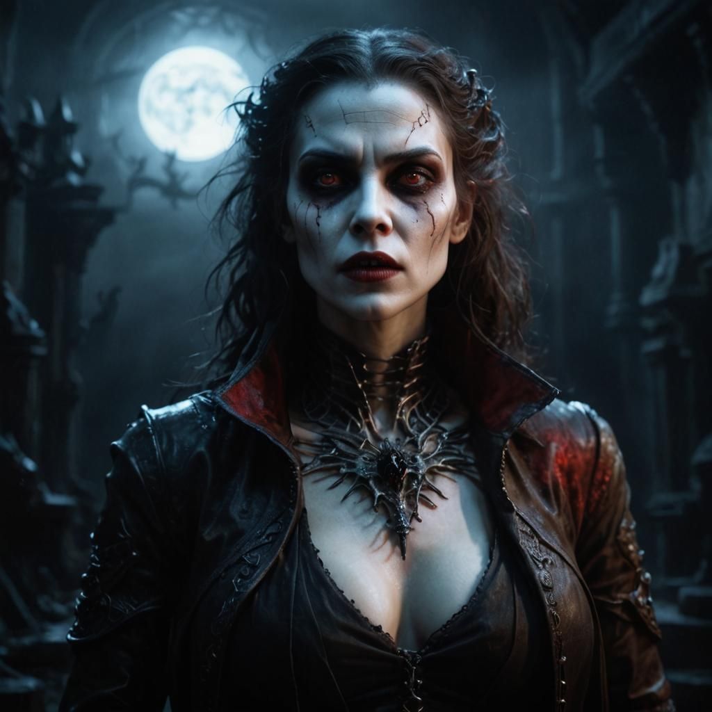 Creepy Female Vampire in Horror Scenery