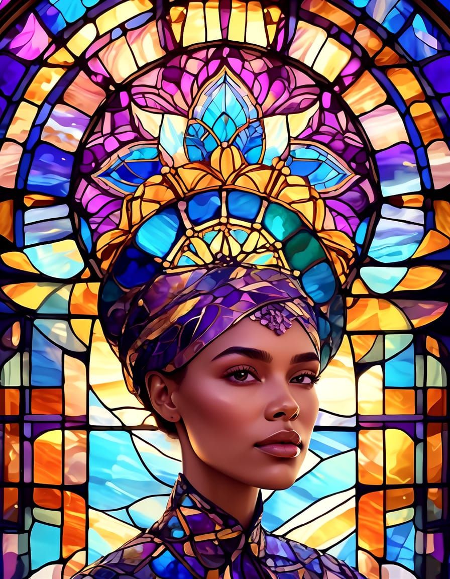 Ethereal Woman in Vibrant Stained Glass Gown