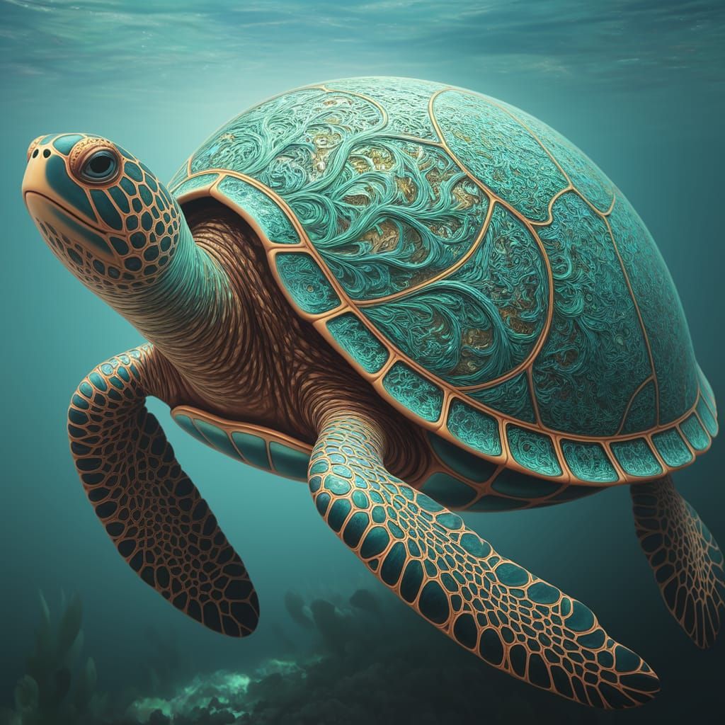 sea turtle with an arabesque-patterned shell