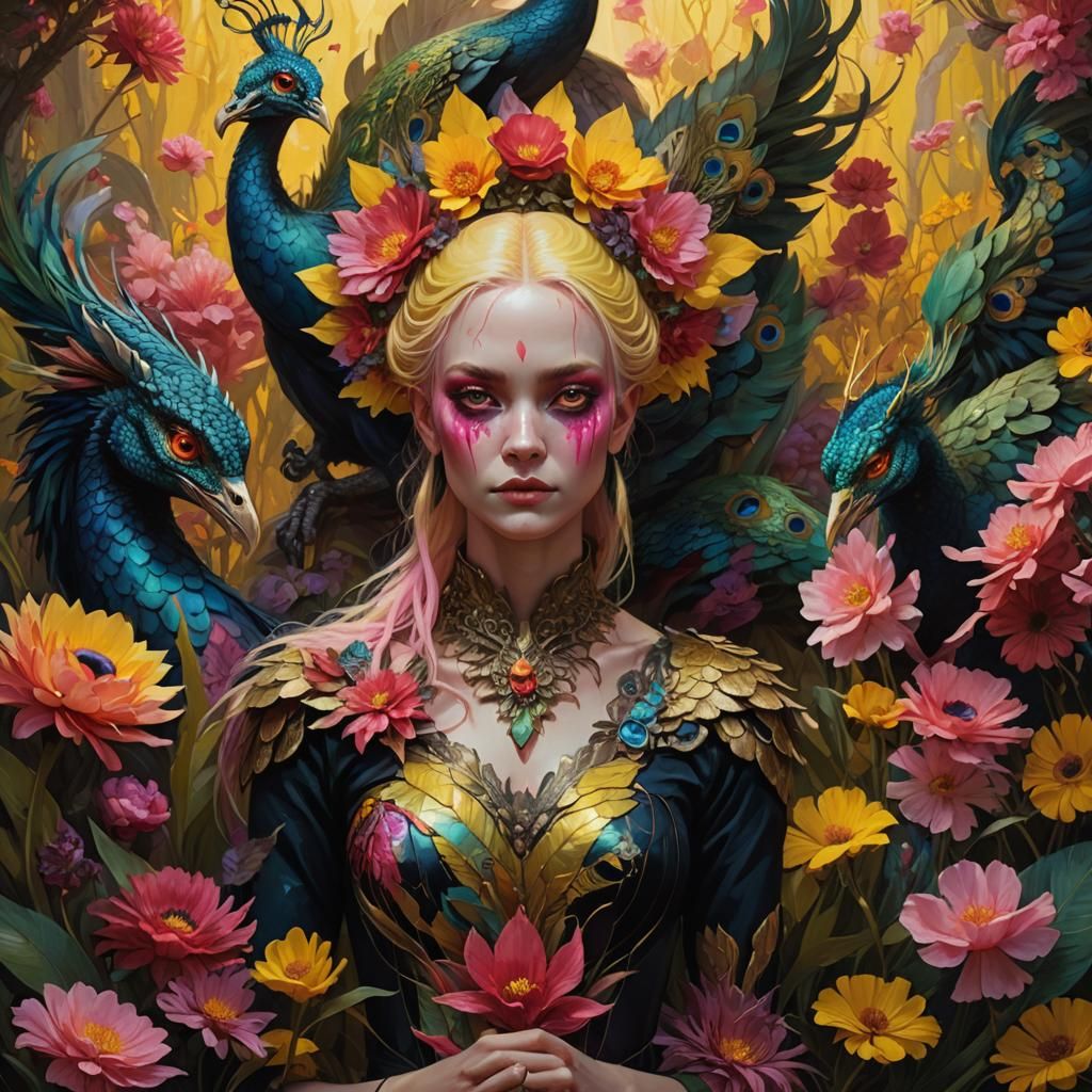 Mystical Woman with Dragon Feathers in Dark Fantasy Art