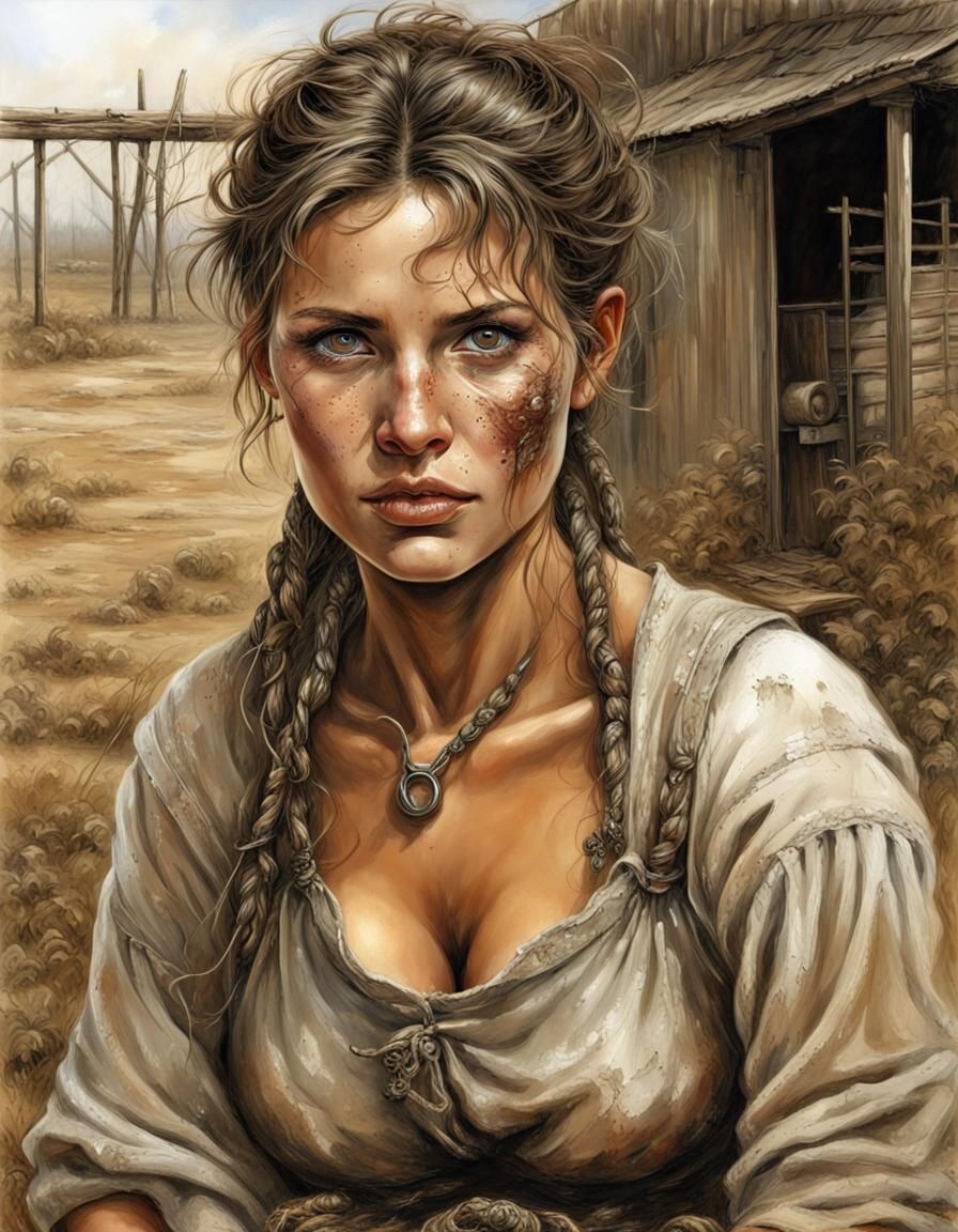 Post-Apocalyptic Peasant Woman in Acrylic Painting Style
