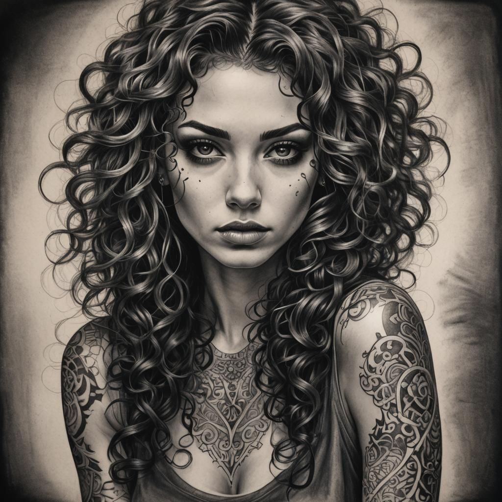 Detailed Charcoal Drawing of Curly-Haired Girl