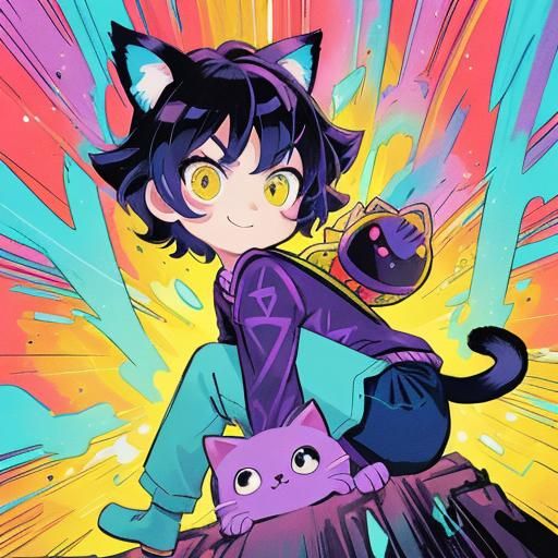 Boy with Cat Features in Comic Book Style