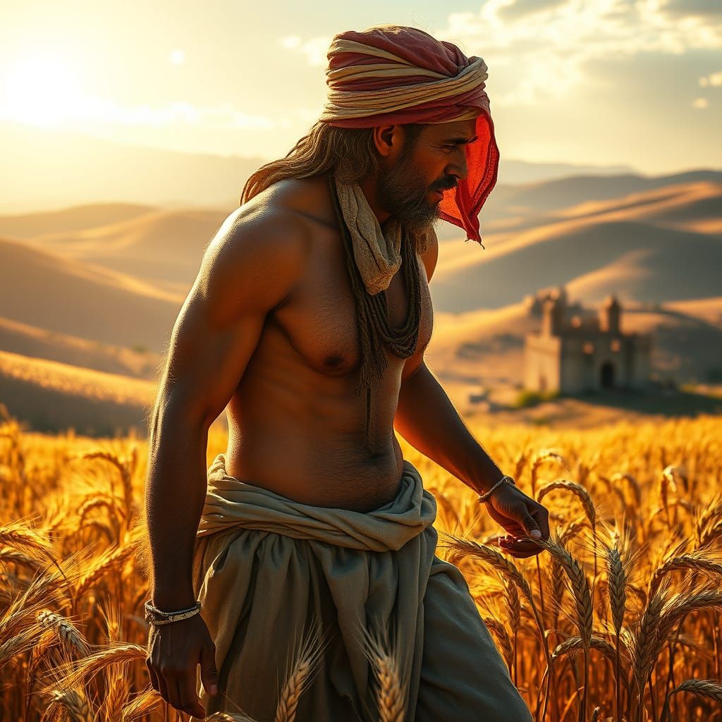 Sweat-Glistened Ancient Israelite Harvests Wheat in Golden L...
