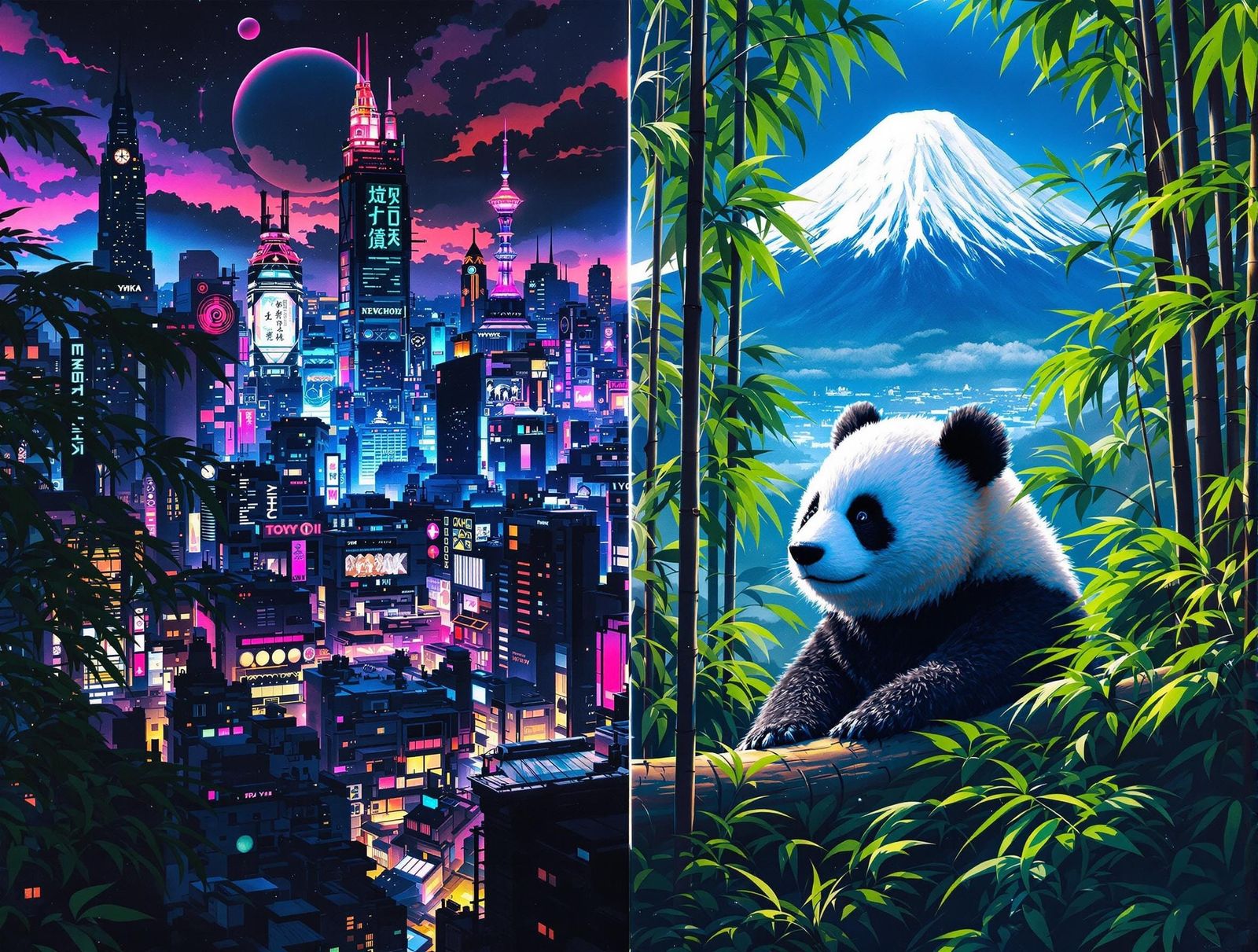 Vibrant Neo-Tokyo Meets Serene Bamboo Forest