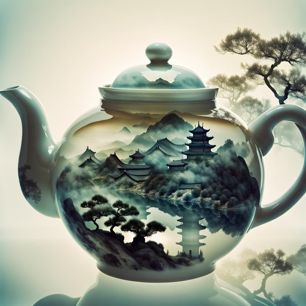 Double Exposure: Teapot and Chinese Landscape