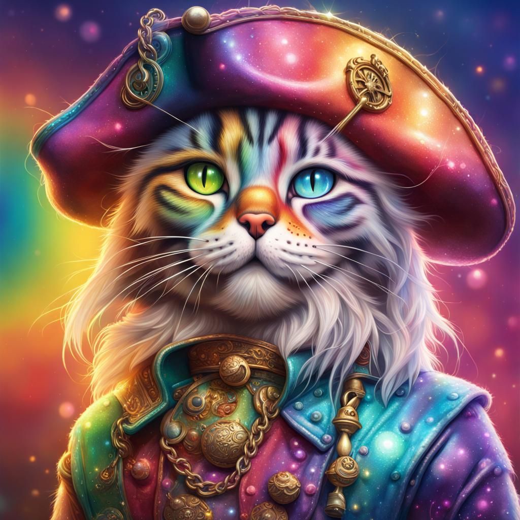 Rainbow Pirate Cats: Shimmering Hyperrealistic Concept Art
