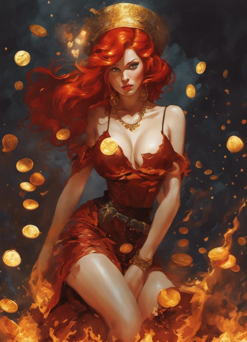 Red-Haired Witch Pin-Up Discarding Gold Coins