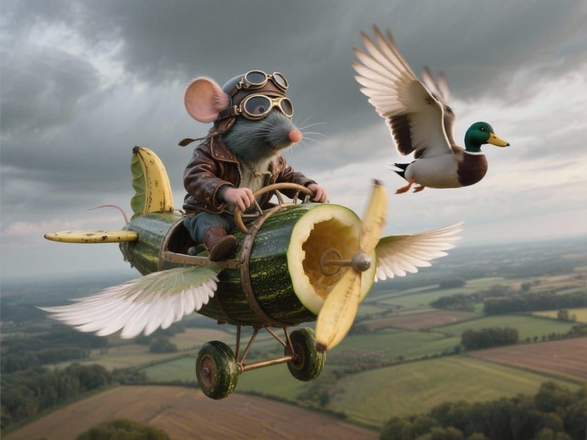 Brave Mouse Pilot Flies Zucchini Plane Over Farmland