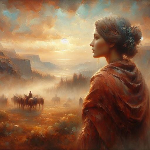 Impressionistic Oil Painting of Misty Landscape with Woman