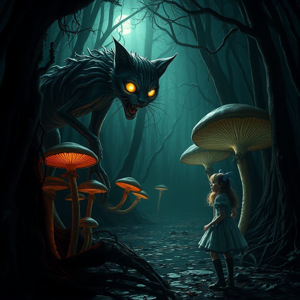 Alice and Undead Cheshire Cat in Gothic Swamp