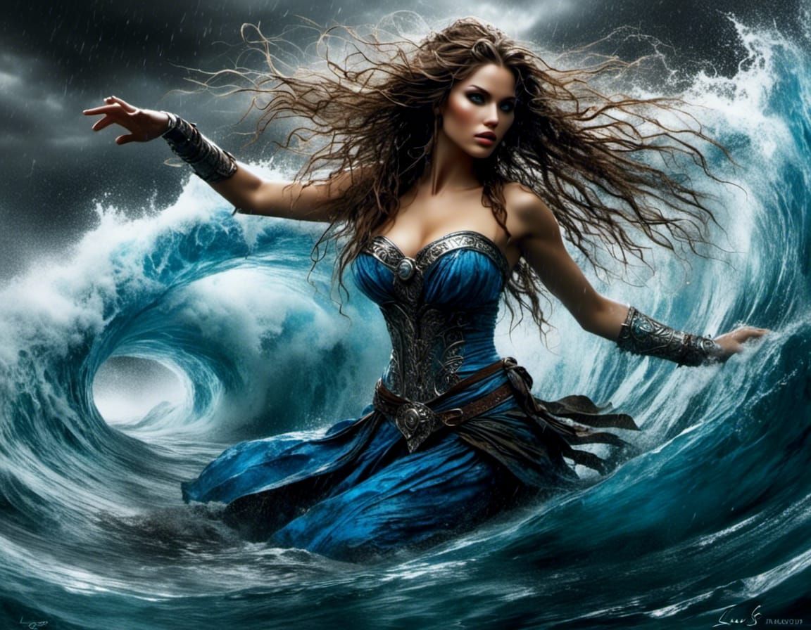 Blue Water Goddess Summons Hurricane: Hyperrealistic Art