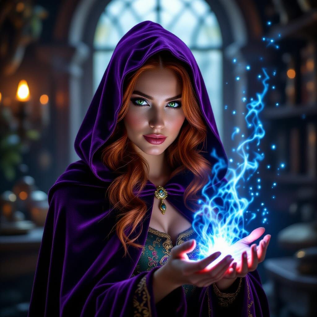 Red-Haired Sorceress Portrait with Blue Magic