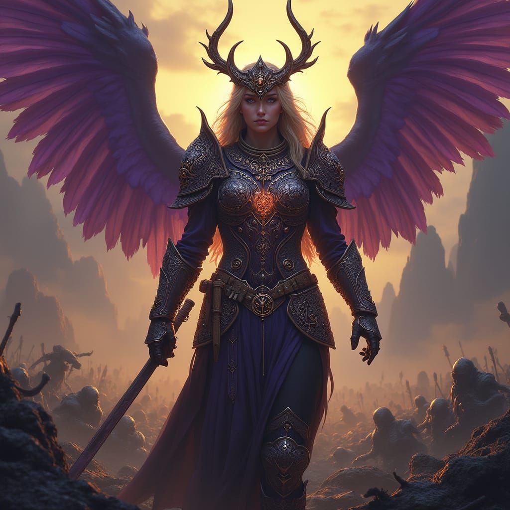 Valkyrie Warrior on Dark Battlefield in Norse Armor