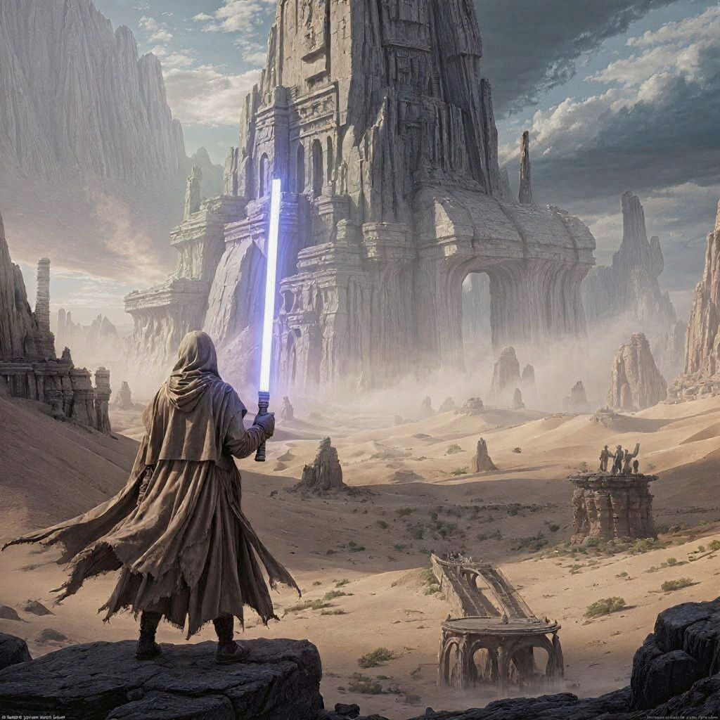 Cloaked Figure Gazing at Megalithic Structure in Desert