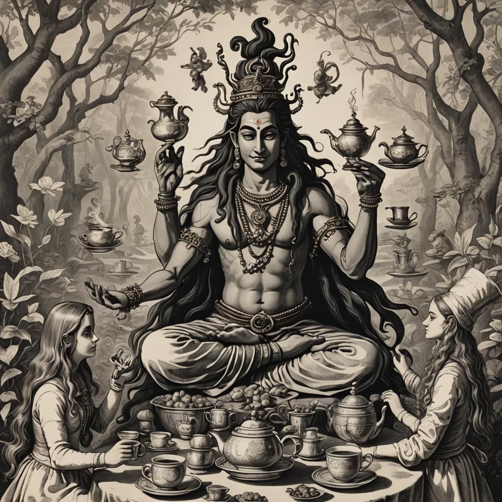 Shiva serving tea to Alice and the Mad Hatter