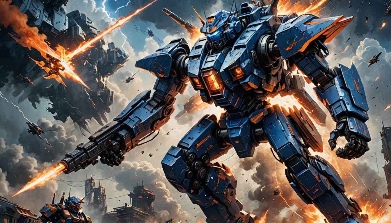 Mecha Aerial Battle in Dark Fantasy Style