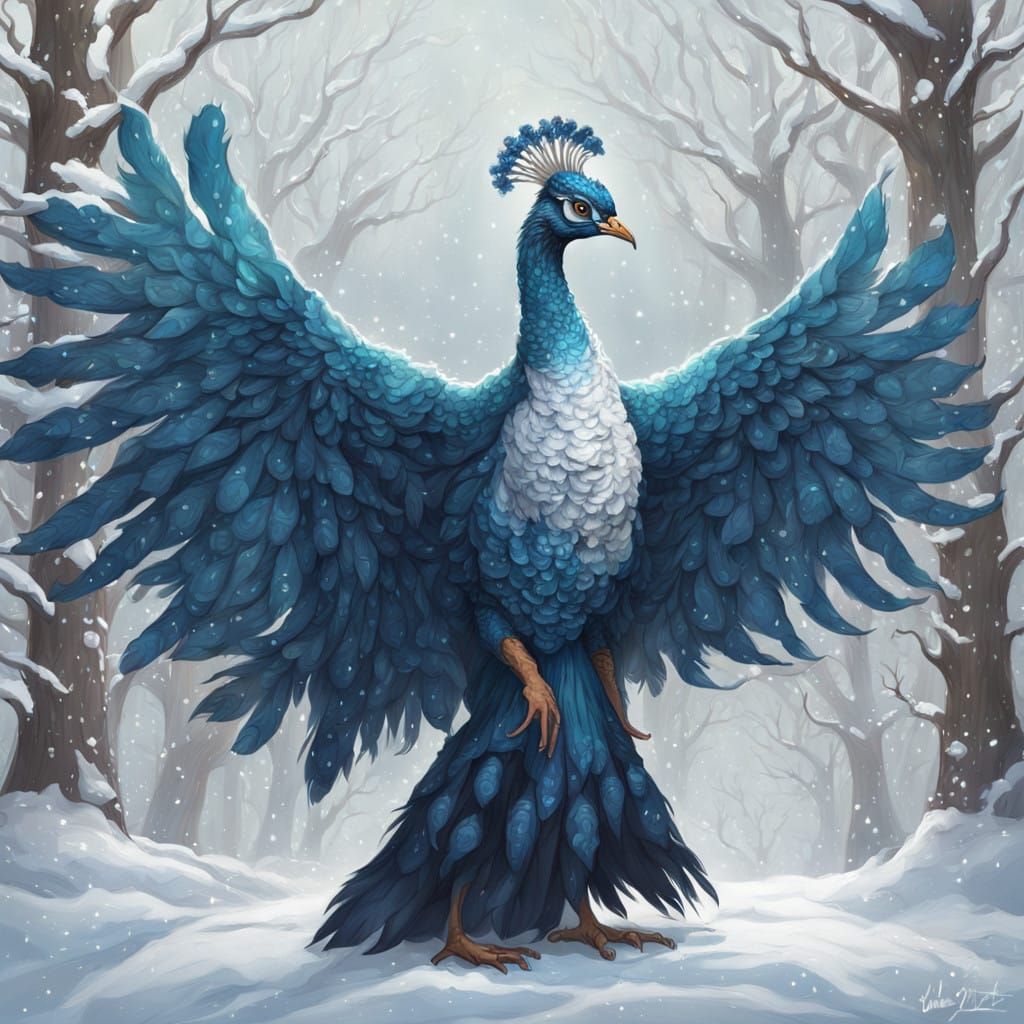 Snowy Peacock in a Mystical Landscape
