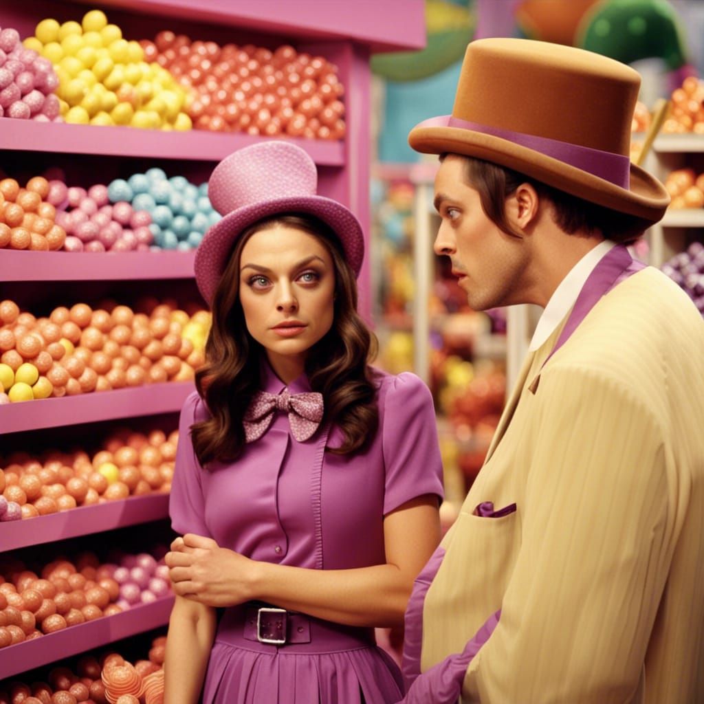 Woman as Willy Wonka in Candy Shop