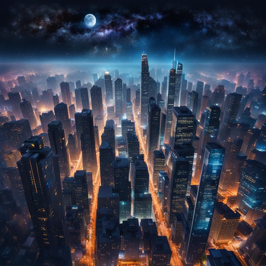 Night Cityscape Under Starry Sky in Hyperrealism