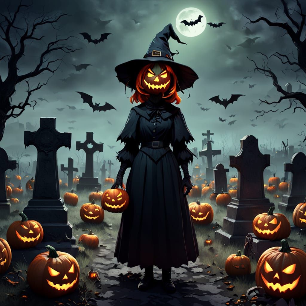 Witch with Pumpkin Head Guards Bat-Filled Graveyard