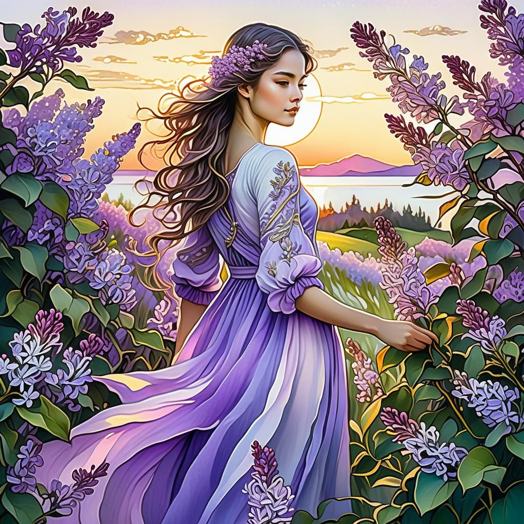 Lilac Flowers Portrait in Watercolor Style