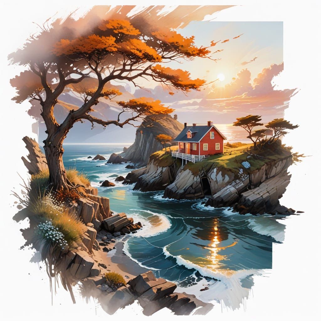 Coastal Cottage on Rugged Cliffs at Sunset