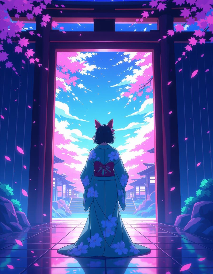 Anime Figure on Bioluminescent Stage in Vibrant Style