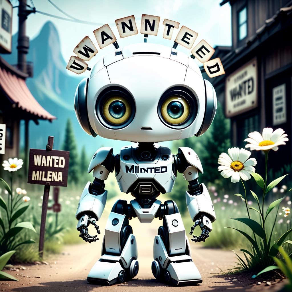 Chibi-Eyed Flower Robot Holding a Wanted Sign