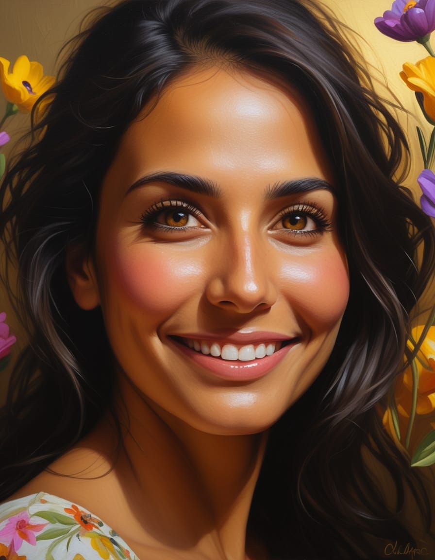 Romantic Realism Portrait of Woman with Flowers