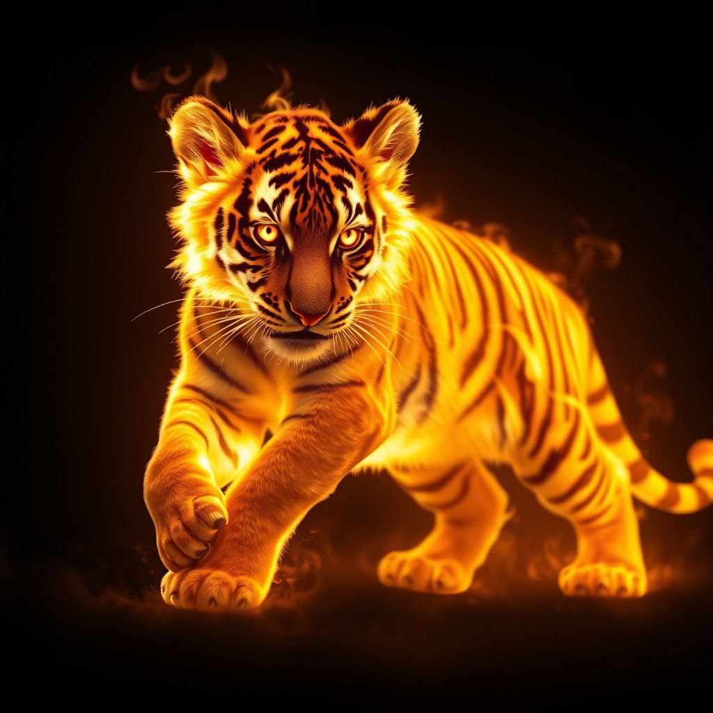Flameborn Tiger Cub Emerges from Darkness