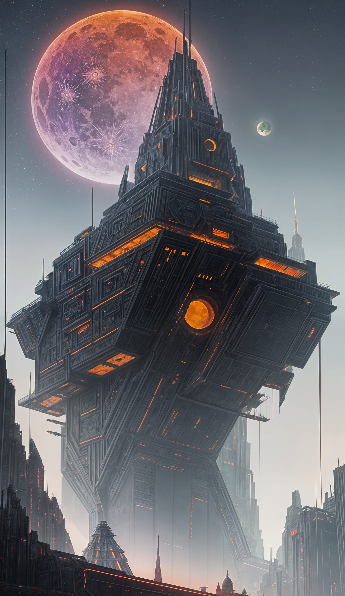 Surreal Futuristic Metropolis Under a Blood Moon