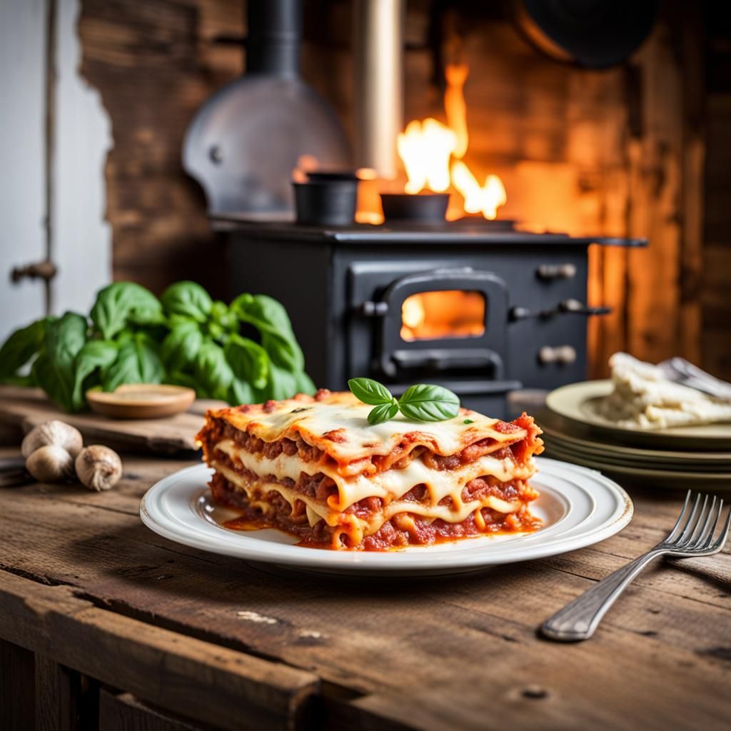 Lasagna Slice in Rustic Kitchen Setting