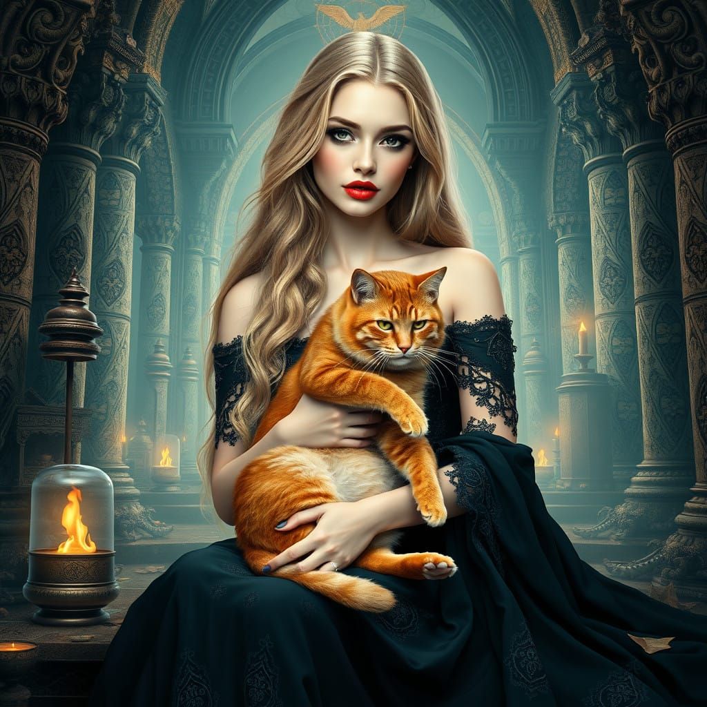 Goddess in Mystical Temple with Majestic Ginger Cat