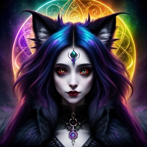 Fuzzy Vampire Sorceress with Monster Dog in Romantic Style