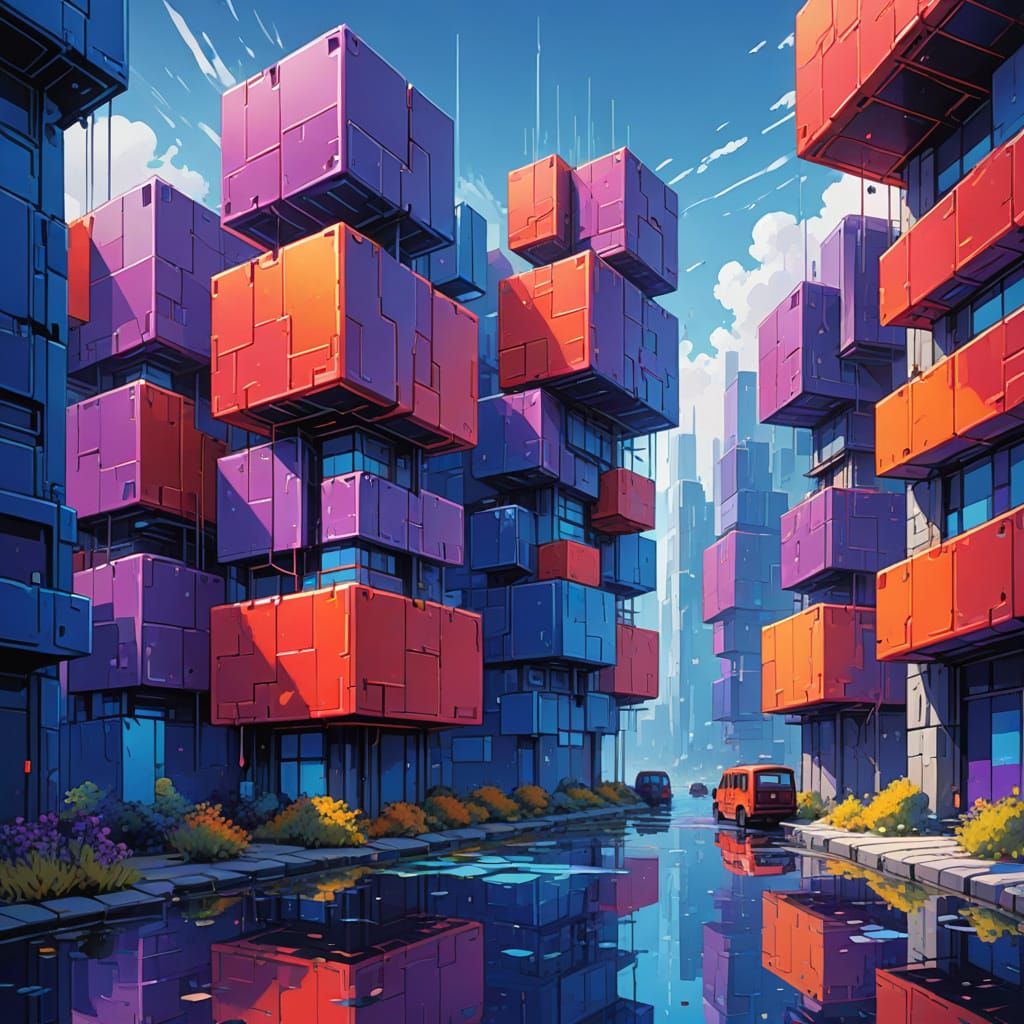Vibrant Cube City: Impressionistic Digital Concept Art