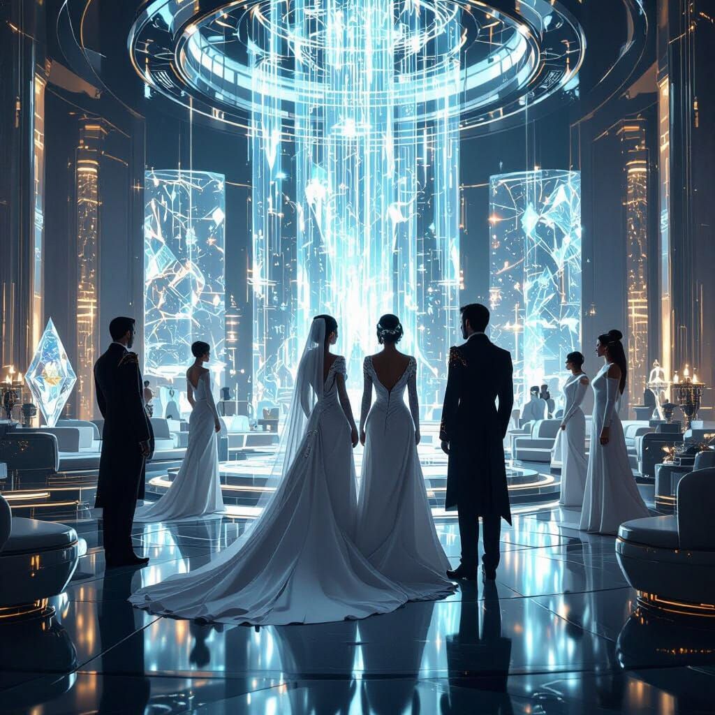 Royal Family in Futuristic Interior with Holograms