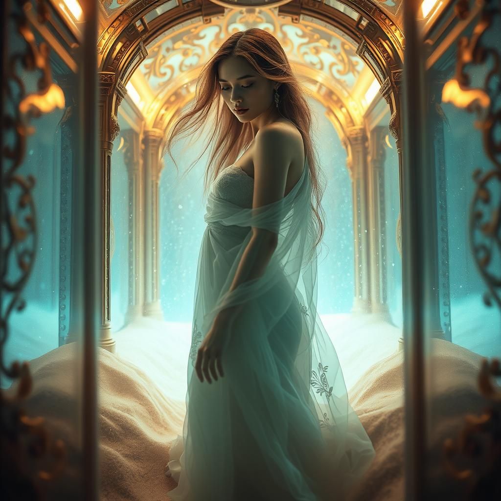 Ethereal Woman Dissolving in Time Capsule