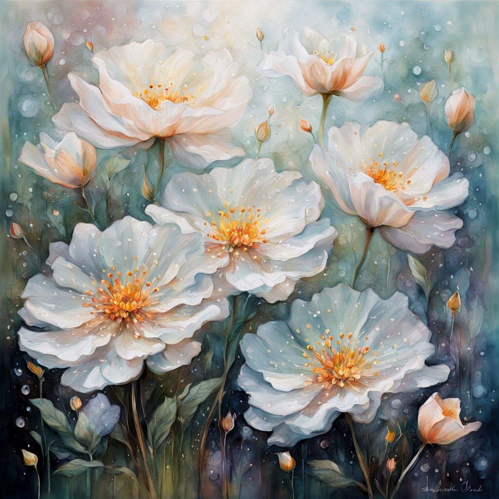 Ethereal Dew-Kissed Flowers in Mixed Media Masterpiece