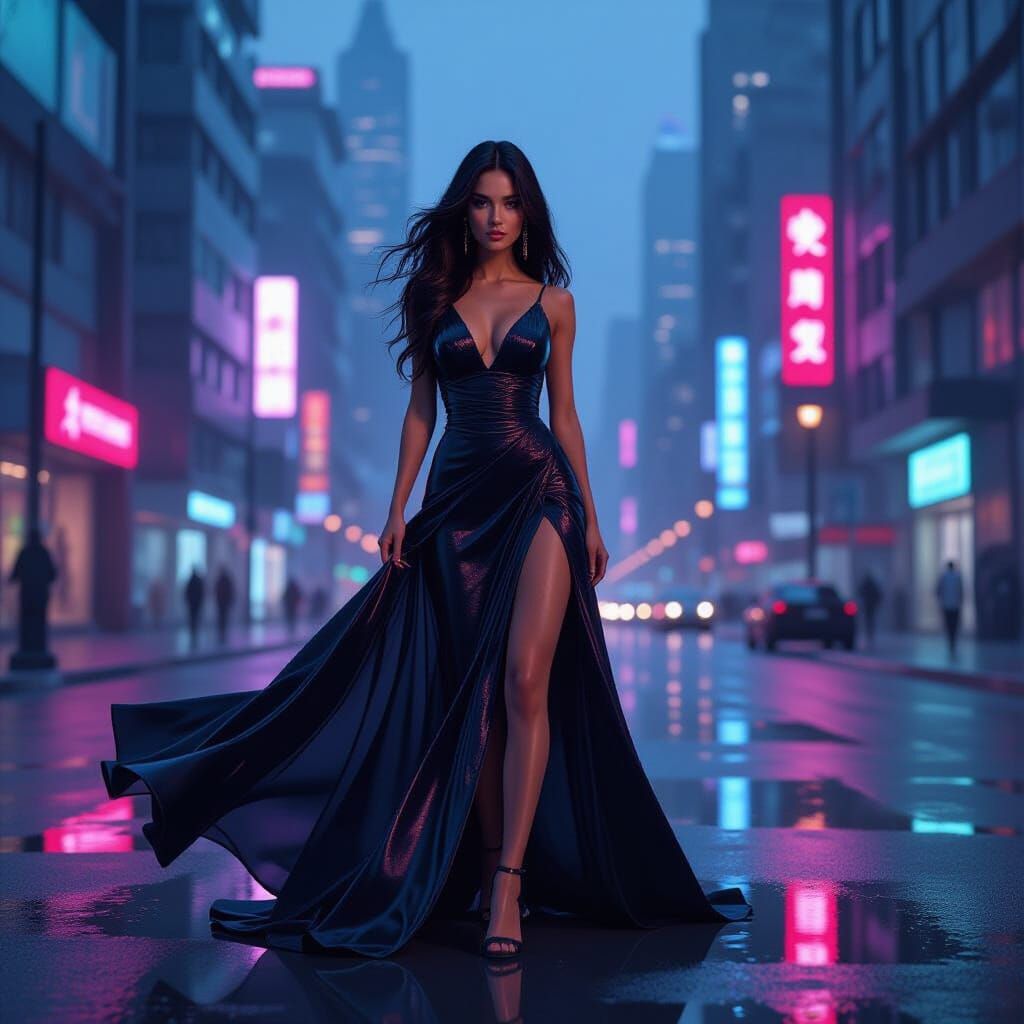 Cyberpunk Supermodel in Neon Cityscape at Dusk