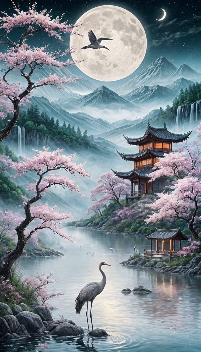 Moonlit Crane in Spring Landscape
