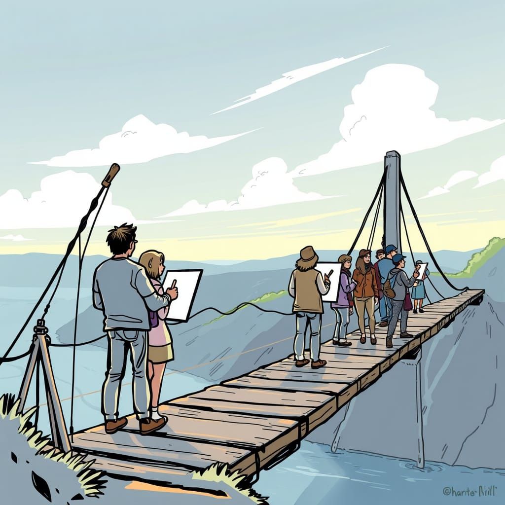 Cartoon Suspension Bridge Scene with Artists