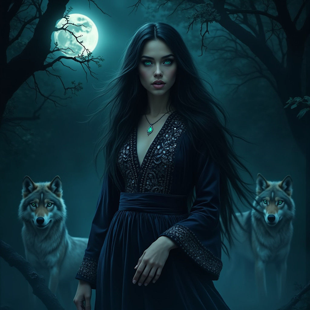 Ethereal Woman in Midnight Forest: Dark Fantasy Art