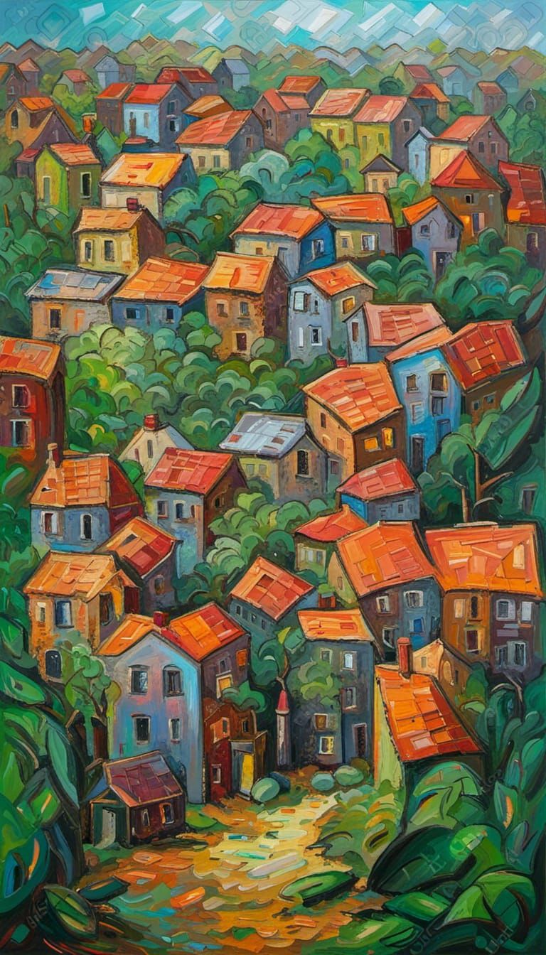 Greenery Embraces Abandoned City: Neo-Impressionist Oil Pain...