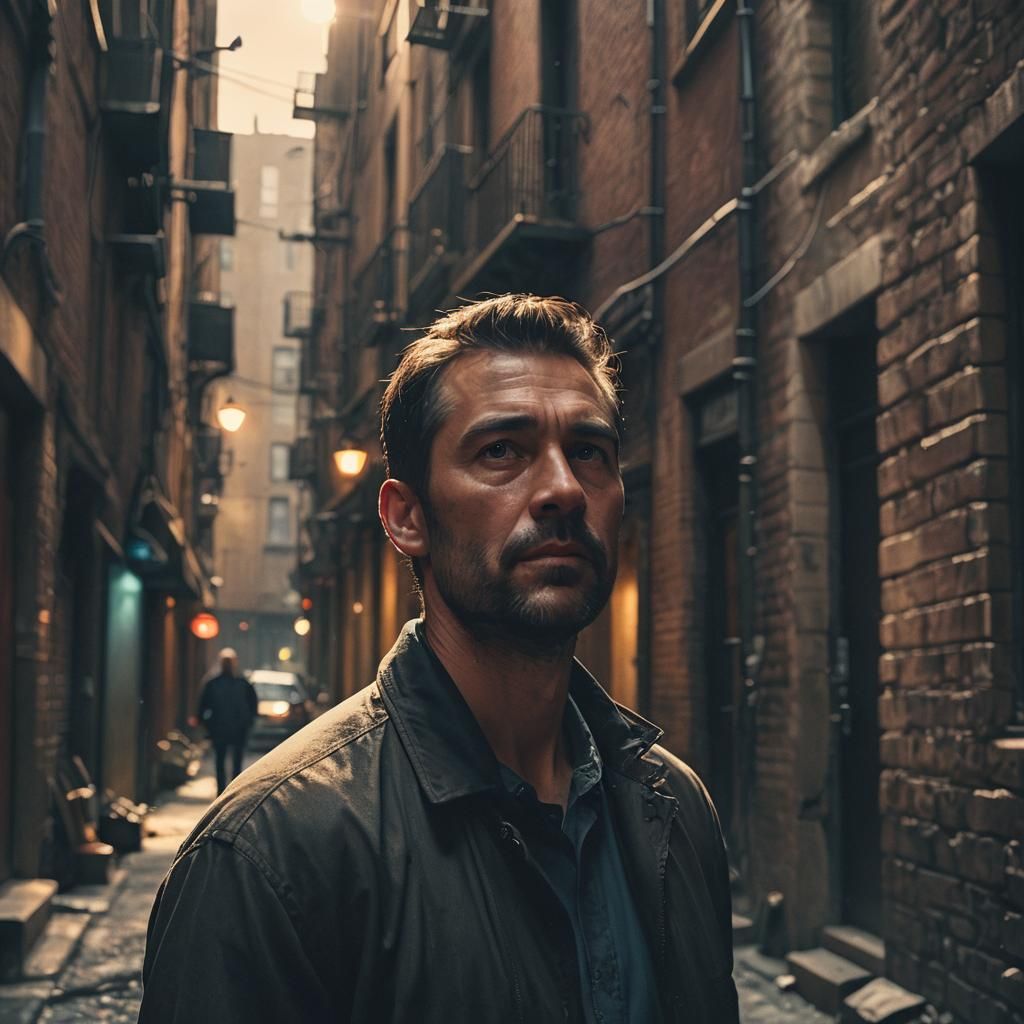 Man in Moody Alleyway Illuminated by Vibrant Highlights