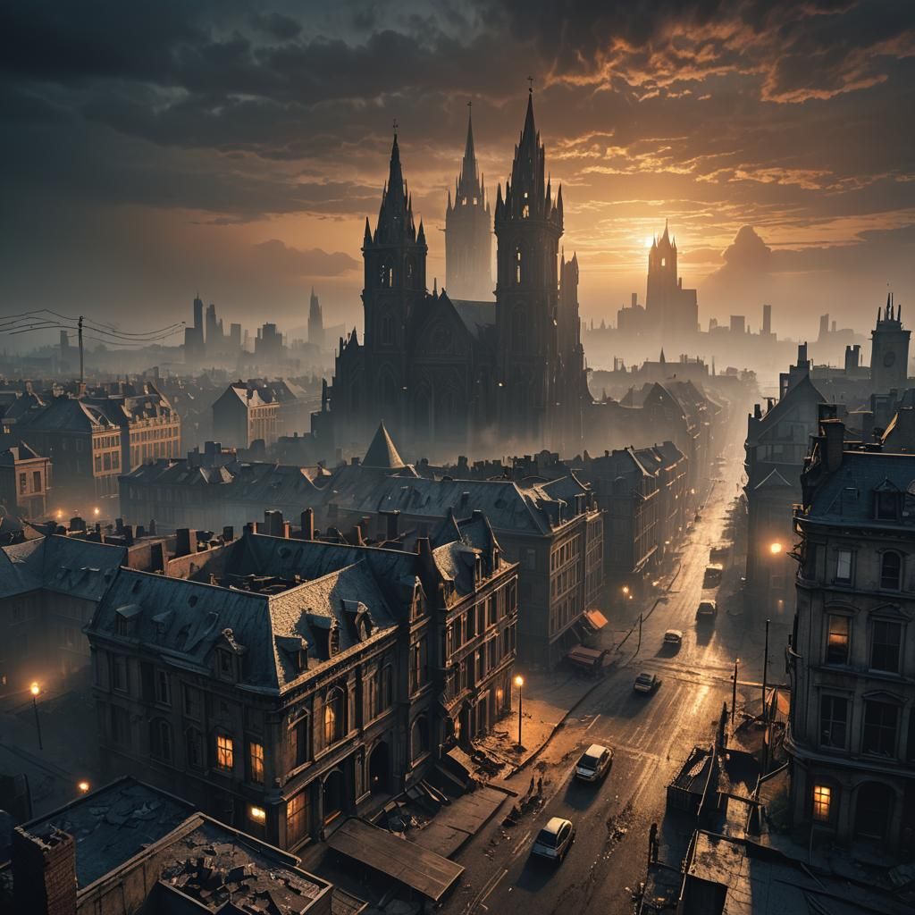 Gothic Cityscape at Dusk in Cinematic Style