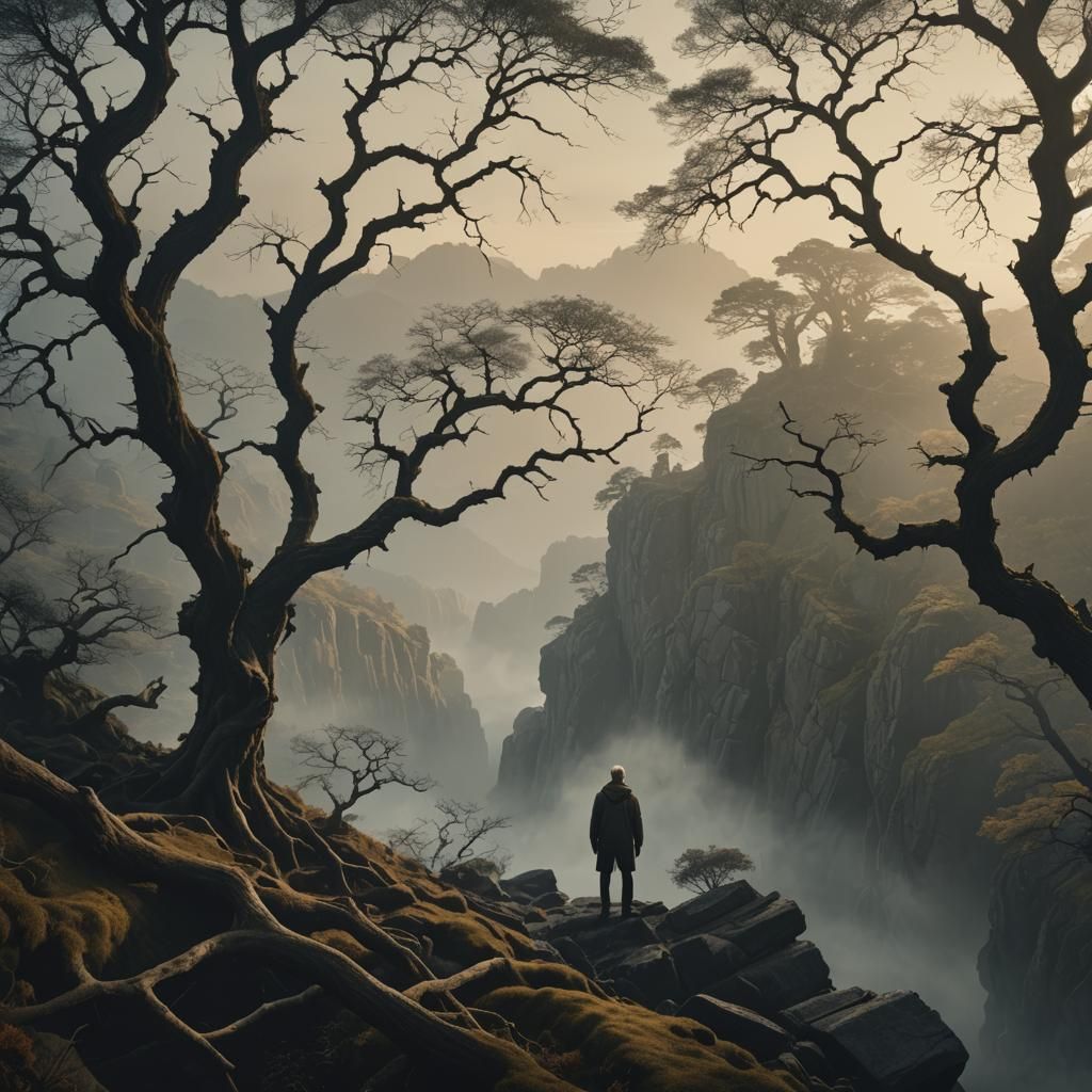 Misty Cliffside Figure in Hyperrealistic Style