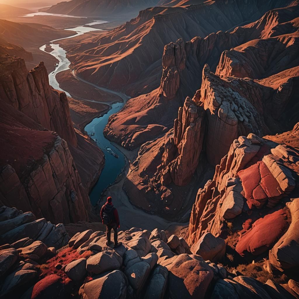 Man Standing at Cliff's Edge Under Golden Sunset