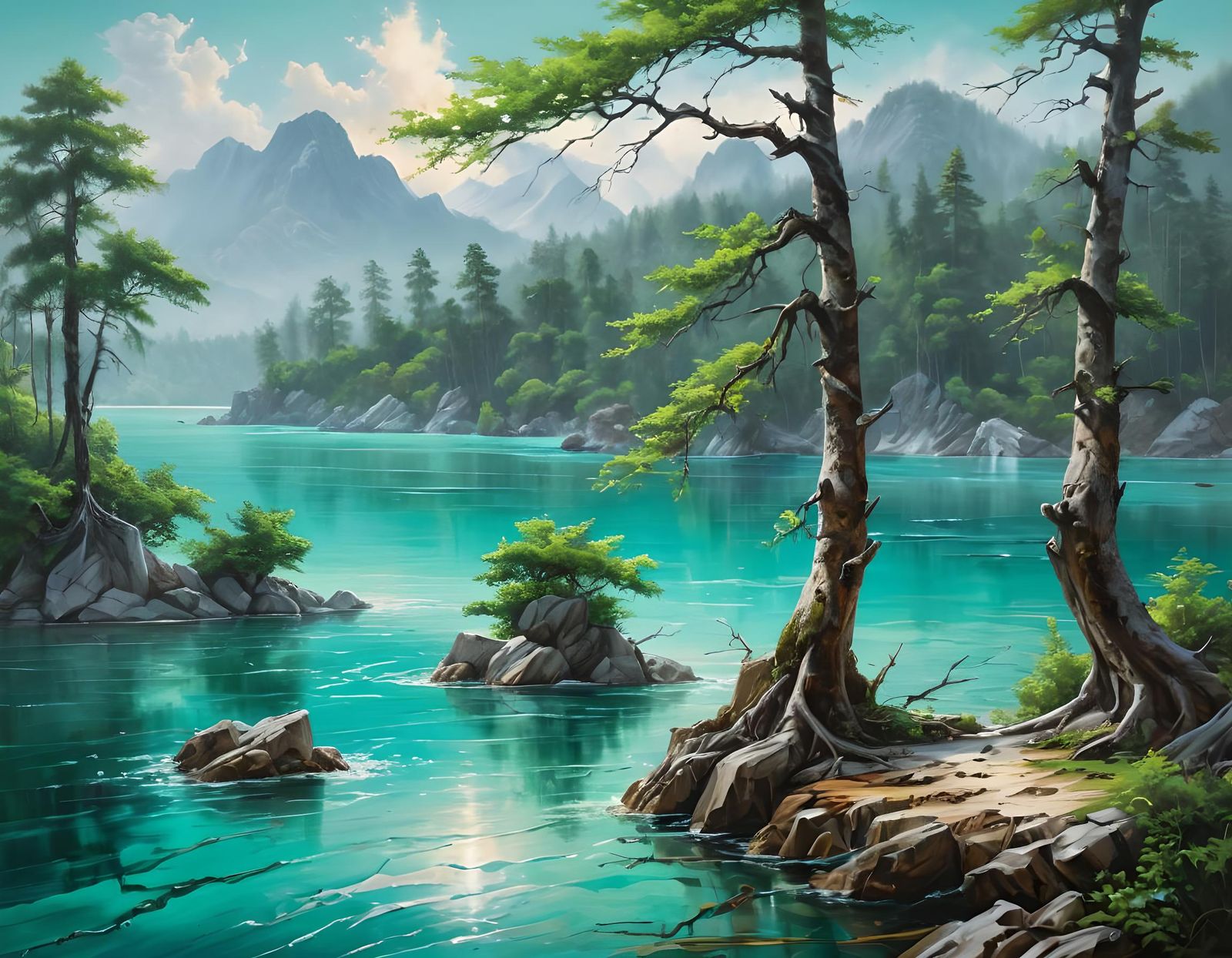 Turquoise Lake in Emerald Forest, Oil Painting in Chinese St...